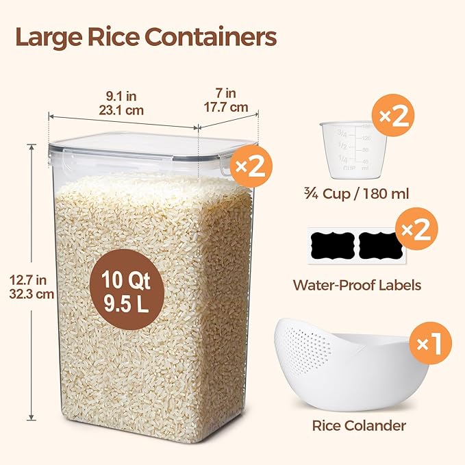 ComSaf Rice Container Set of 2(9.5L/10Qt), Large Airtight Food Storage Containers with Lid and Rice Washer, Plastic Canisters Sets for The Kitchen, Pantry Organizers for Flour, Cereal and Cooking