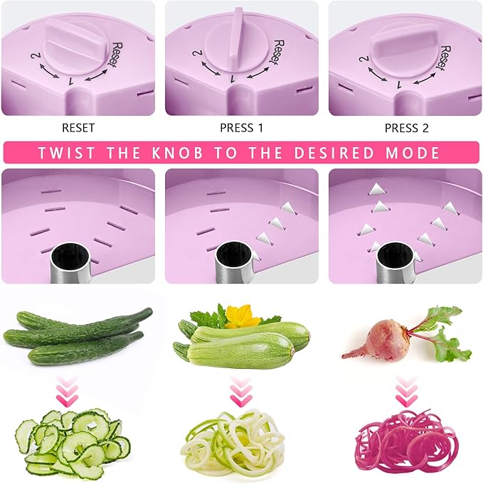 3 in 1 Vegetable Spiralizer Slicer, Adjustable Zucchini Carrot Noodle Maker, Cucumber Spiral Cutter, Easy to Use Kitchen Tool（Pink）