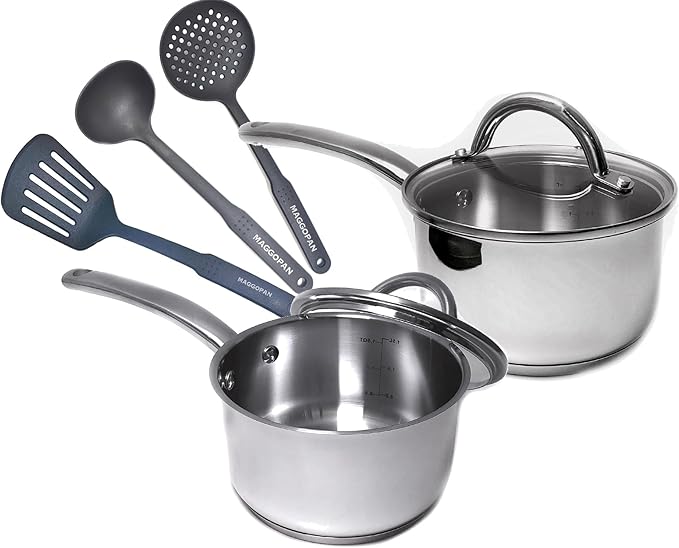 Stainless Steel Saucepan Glass Lid Steel handle Induction Impact Bonded 7 PCS Set