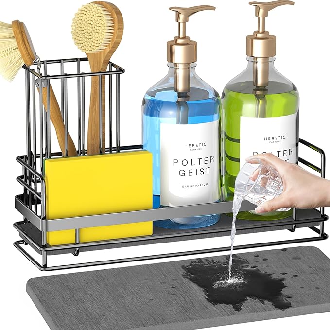Yofidra Sink Caddy with Stone Drying Tray: Stainless Steel Soap Dispenser Kitchen Sink Organizer Set, Sponge Holder Counter Accessories Decor for Kitchen Organizers and Storage 8.1x3.5x4.5 in Black