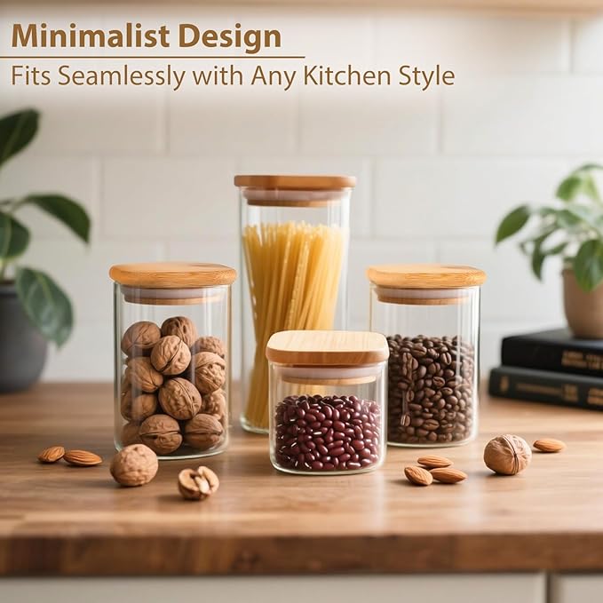 6 Pack Square Glass Storage Containers with Bamboo Lids (24oz/37oz/51oz) – Clear Food Airtight Canisters Sets for The Kitchen, Glass Jars for Coffee Beans, Coffee, Flour, Snacks, Spices