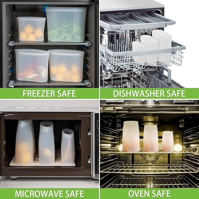 Reusable Storage Bag, 8 Pack 100% Silicone Food Storage Bags Stand Up Silicone Zip Lock Bags for Food Container, Freezer Microwave Oven Dishwasher Safe, 4 Medium 2 Small 2 Extra Small, Translucent