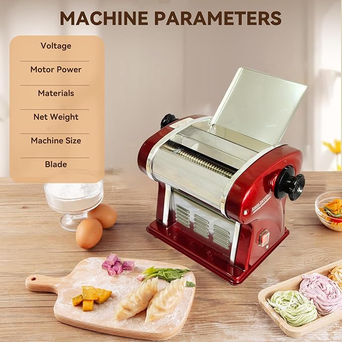 Electric Pasta Noodle Maker Machine, Built-in 2.5 mm Blade, Dough Width 14 cm, 0.3-4 mm Adjustable Thickness, Output 5Kg/H for Home & Commercial Use