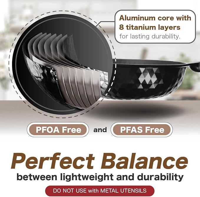 Diamond X Premium Non Stick Wok Pan - 11" Large Flat Bottom Chinese Wok - Woks & Stir-fry Pans Nonstick - Titanium-Coated 8-Layered Korean Engineered Skillet for Frying, Oil-Free, PFOA-Free