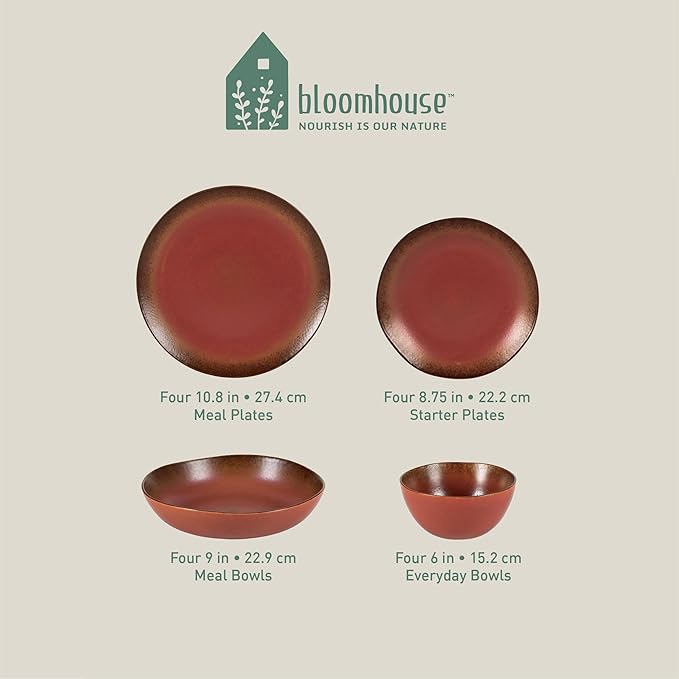 Bloomhouse Palermo Sun Double Bowl Stoneware Reactive Glaze Plates and Bowls Dinnerware Set - Paprika Red, Service for Four (16pcs)