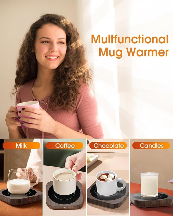 Coffee Mug Warmers for Desk with 3 Temperature Settings, Smart Coffee Warmer Plate for Heating Milk, Tea and Hot Chocolate (Wood)