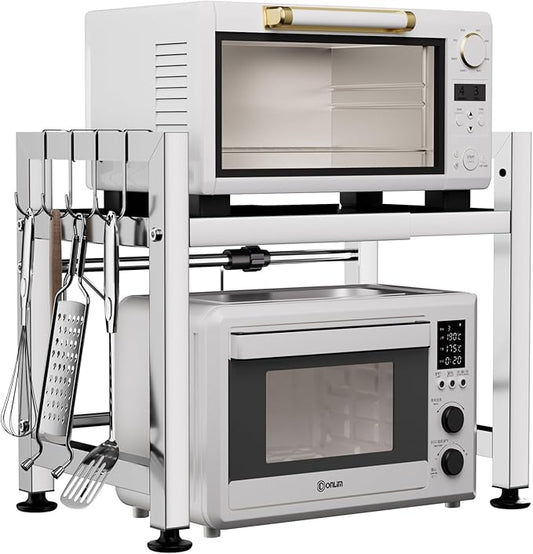 Extendable Microwave Oven Rack, Microwave Shelf Adjustable Over Microwave Stand Countertop 2-Tier Stainless Steel Organizing Rack with 4 Hooks for Kitchen Utensils Tableware Storage