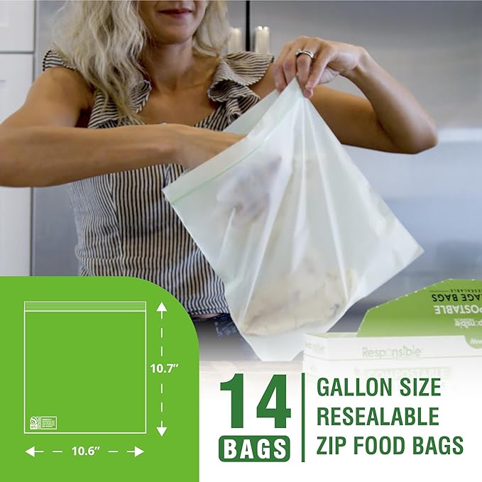 Certified Compostable Large GALLON Resealable Zip Bag, Extra Strength Food Bags, Made from Plant Materials (14 Pack)