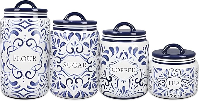 Young's Inc. 4 Pcs Set Talavera Ceramic Canisters- Storage Container for Kitchen and Bathroom - Beautiful Home Decor Accent to Store Food, Coffee, Tea, and More - White, Blue