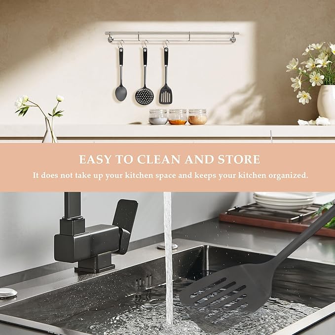 3-Piece Cooking Utensils Set Stainless Steel Large Serving Spoons Set Slotted Spoon Spatula Turner Skimmer Commercial and Residential Use Dishwasher Safe, Black