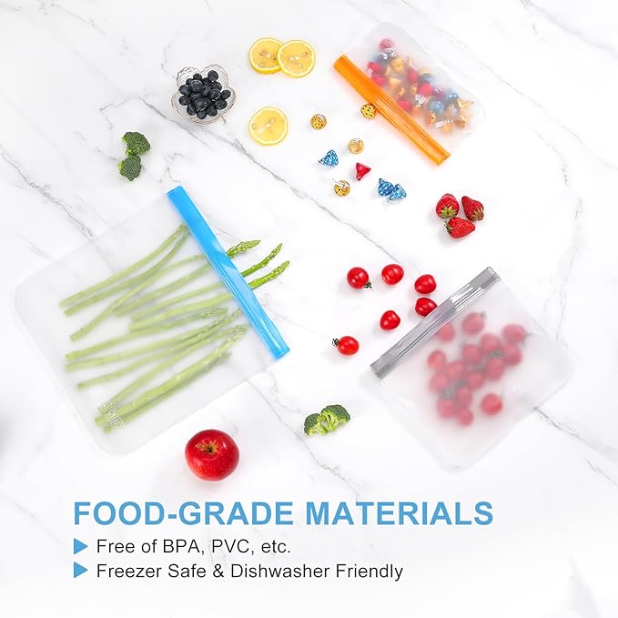 Lerine 14 Pack Reusable Gallon Freezer Bags Dishwasher Safe, BPA Free Reusable Freezer Bags 1 Gallon, Leakproof Food Storage Bags for Meal Prep, Fridge Kitchen Organization (Gray, 14Gallon)