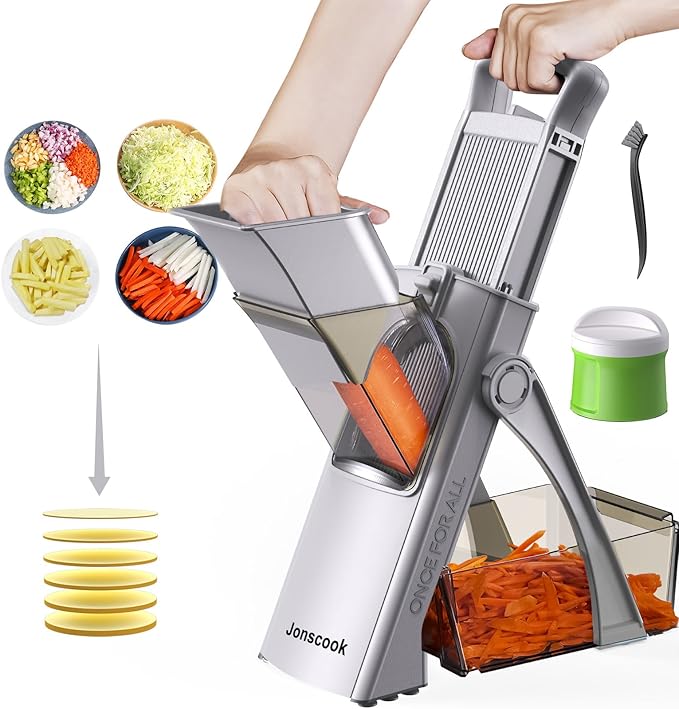 All-in-1 Upgraded Safe Mandoline Slicer for Kitchen, with Handheld Spiralizer, Food Chopper with Container, Thickness Adjustable Vegetable Chopper, Potato French Fry Cutter (High-grade Gray)