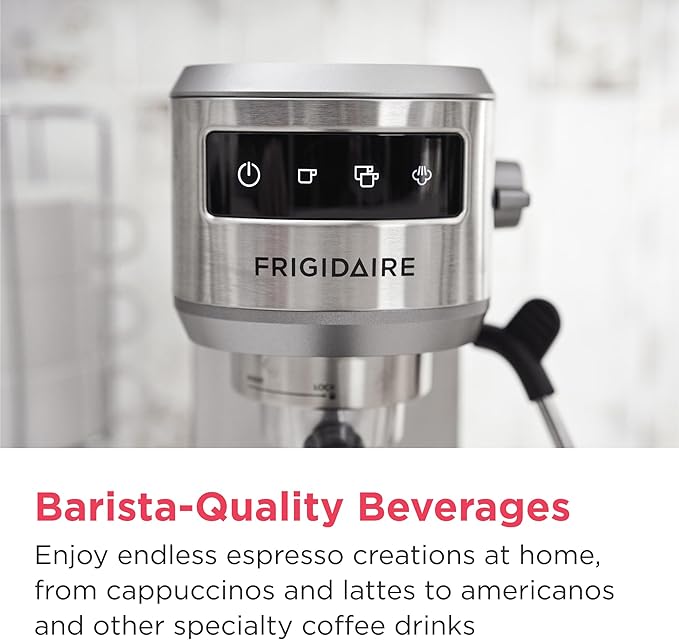 Frigidaire Steam Espresso Maker, Coffee Machine with Milk Frother & Cup Warmer, 20 Bar Pressure, 34 oz Removable Water Tank, Single or Double Shot, Stainless Steel