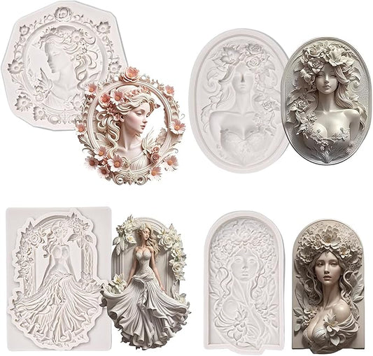 (Four-piece set) Flower picture frame girl, elegant female relief, DIY silicone mold, cake chocolate mold wedding cake decoration tool soft cake