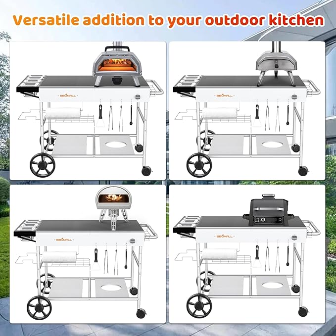 Pizza Oven Table Grill Cart with Pizza Topping Station Movable Food and Prep Workcart Outdoor Grill Table Stand for Ninja Woodfire Blackstone Griddle Cuisinart etc Grill