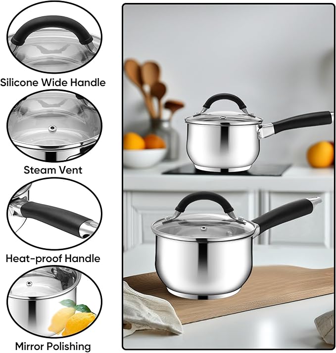E-far 2 Quart Saucepan with Lid, Tri-Ply Base Stainless Steel Small Sauce Pan with Stay-Cool Handle, Non-toxic Kitchen Cooking Sauce Pot, Compatible with All Cooktops, Dishwasher Safe