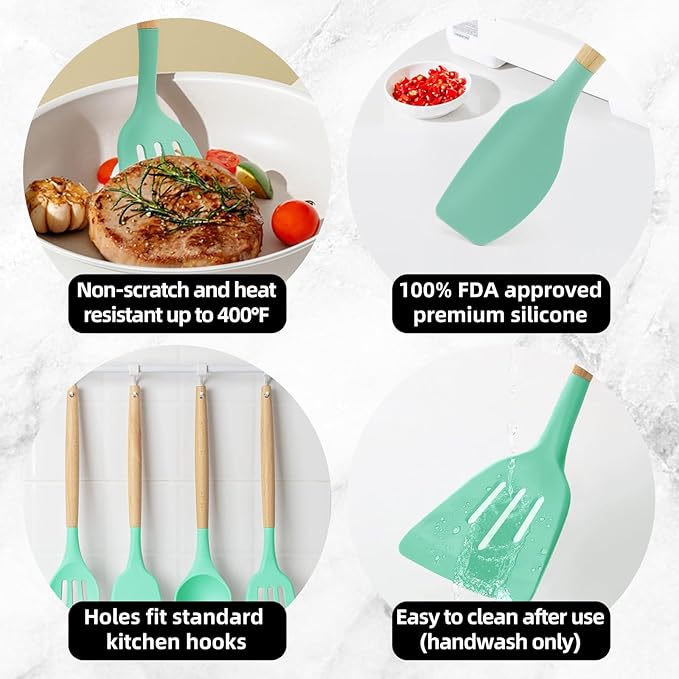 12-Piece Silicone Kitchen Utensils Set with Wooden Handle, Non-Stick & Heat Resistant Cooking Utensils (446°F), Includes Spatula, Spoon, Turner, Tongs, Whisk, Great for Home Cooks-Green