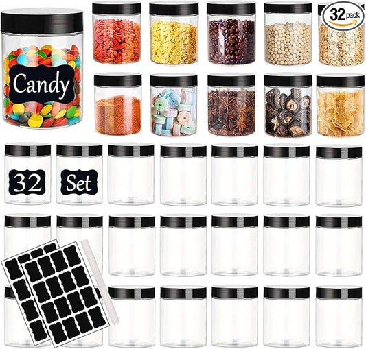Plastic Jars with Lids Empty Slime Cosmetics Containers Clear Gift Food Jars Round PET Cream Jar with Black Lids Pen Labels for Kitchen Storage Spices Dry Food Body Butter Making(8OZ 32PCS)