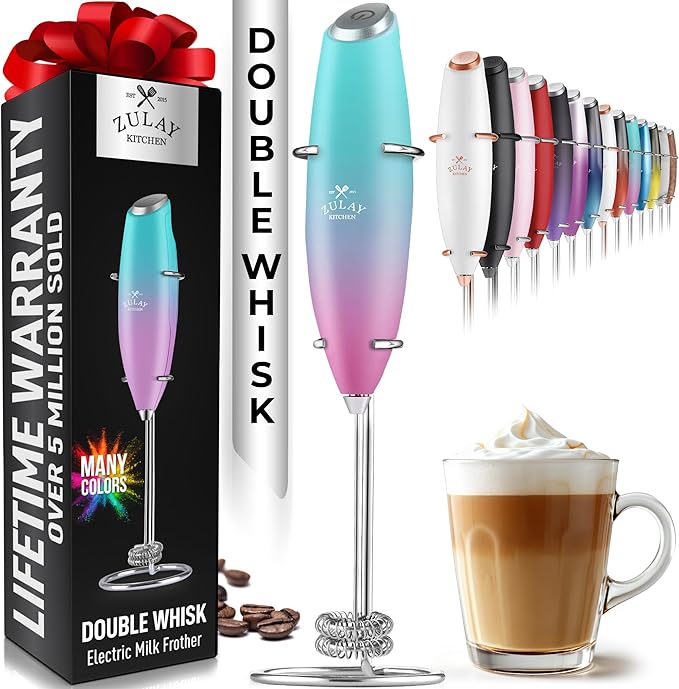 Zulay Kitchen Double Whisk Milk Frother – Handheld Foam Maker for Coffee, Lattes, Matcha, Hot Chocolate & Cappuccinos – Whip Creamy Froth in Seconds, Portable & Easy to Use