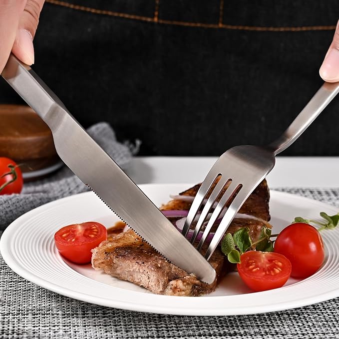 KINGSTONE Forged Silverware Set, 20 Piece Flatware Set for 4, 18/10 Stainless Steel Silverware Utensils Set, Matte Satin Finish Dishwasher Safe(Matte Silver)