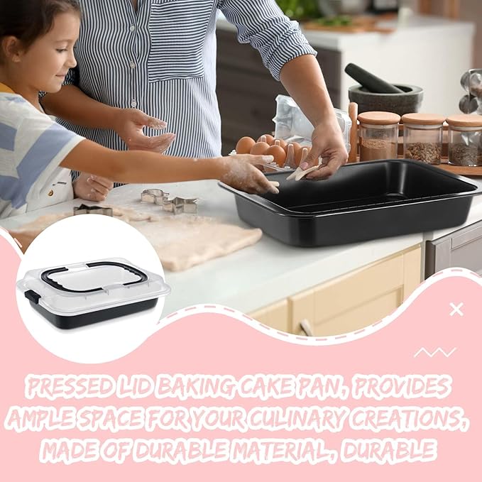 1 Pcs Cake Baking Pan with Lid and Handle, 9 x 13 Inch Non-stick Rectangle Sheet Cake Pan Carrier for Brownie Roasting Cooking Baking (Black Gray)