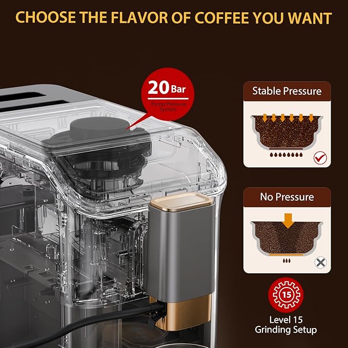 Fully Automatic Espresso Machine with Smart TFT Touchscreen, Brewing System and Automatic Milk Frothing System, 6 One-Touch Programs, 1.5L Detachable Water Tank for Home/Office Use, Gray&Gold
