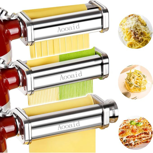 Pasta Roller & Spaghetti Cutter, Fettuccine Cutter Attachment for Kitchenaid Stand Mixer，3 Pcs Stainless Steel Pasta Maker Accessories By Aooaid