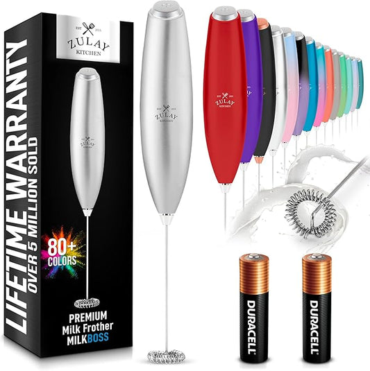 Zulay Kitchen Milk Frother Handheld Electric Whisk with AA Duracell Batteries – Durable Drink Mixer for Coffee, Lattes, Cappuccinos & More - Silver