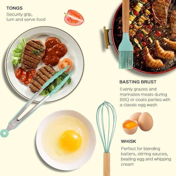 12PCS Kitchen Utensil Set Silicone Cooking Utensils Kit Spatula Heat Resistant Wooden Spoons Gadgets Tool for Non-Stick Cookware