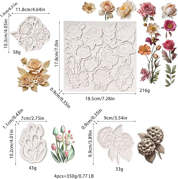 (Four-piece set) Rose and leaves, multiple floral designs, tulips, a string of fruits, DIY silicone molds, cake chocolate molds wedding cake decoration tools, soft candy cake molds