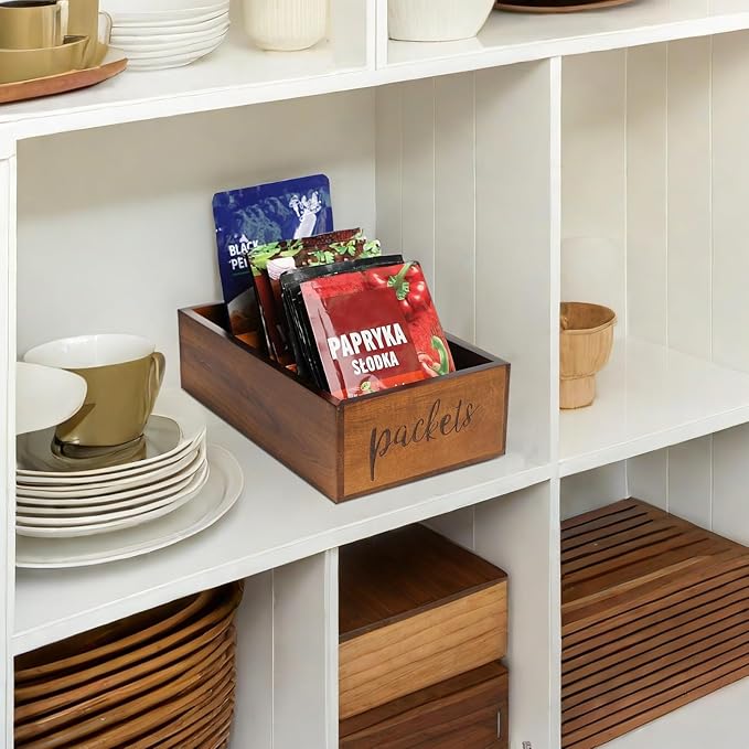 Packet Organizer, Acacia Wood Packet Storage Organizer with 3 Compartments,Farmhouse Kitchen Organization for Spice, Gravy, Taco, and Dressings Packets for Kitchen, Brown Labeled Packets