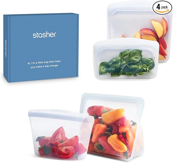 Stasher Premium Silicone Reusable Food Storage Bags 4-Pack Boxed Starter Kit, Clear, Microwave, Sous Vide, Dishwasher, Oven & Freezer Safe, Multi-Use Containers, BPA Free, Leak-free, Eco-friendly