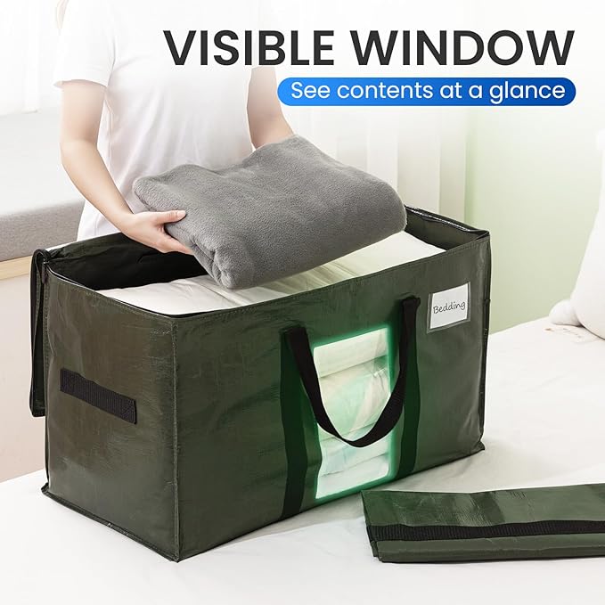 TAILI 8 Pack Green Extra Large Storage Bags, Heavy Duty Totes with Visible Window, Wrap Around Handles, Perfect for Moving