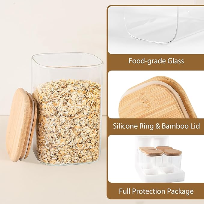37oz(1.2Qt) Square Glass Storage Containers with Bamboo Lids – 4 Pack Clear Food Airtight Glass Jars for Pantry Organizers and Storage, Kitchen Dry Food, Coffee, Sugar, Flour, Snacks, Spices