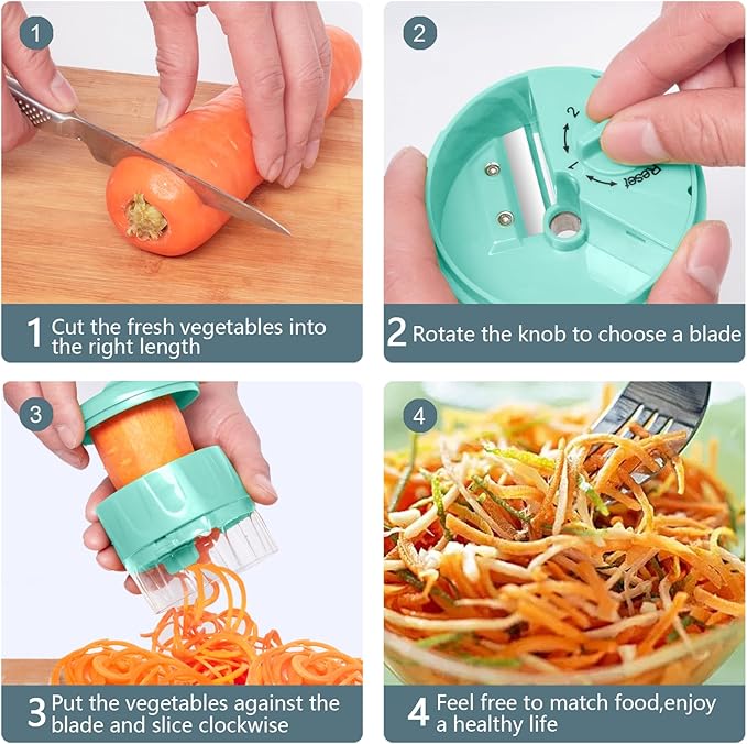 3 in 1 Vegetable Spiralizer Slicer, Adjustable Zucchini Carrot Noodle Maker, Cucumber Spiral Cutter, Easy to Use Kitchen Tool（lce-Green）