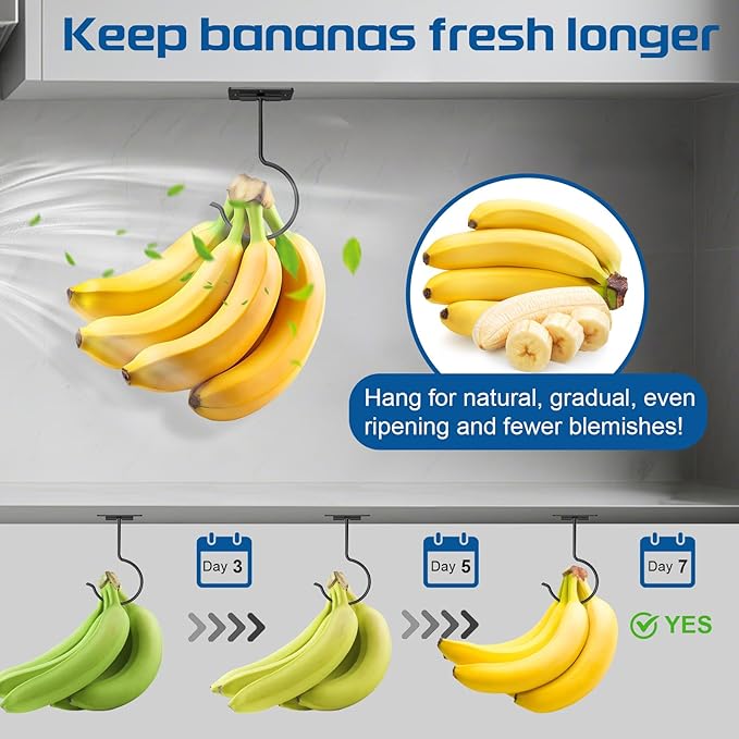2 Pack Space-Saving Banana Hooks, Foldable Magnetic Under Cabinet Banana Hanger with Heavy-Duty Adhesive & Screw-in Mounts, Supports up to 13 lbs, Black Banana Holders