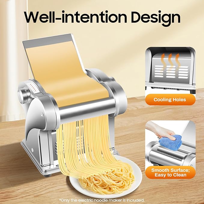 Electric Pasta Maker, Stainless Steel Roller Noodle Making Machine with 8 Adjustable Thickness Settings, Commercial Noodle Maker with Rollers and Cutter, for Spaghetti, Fettuccini, Lasagna