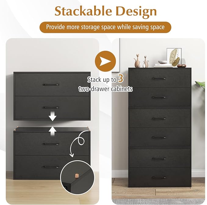 Giantex Stackable Drawers for Closet, 2-Drawer Short Dresser, Multi-Purpose Storage Cube with Anti-Scratch Pads, Anti-Tipping Devices, Storage Cabinet for Living Room, Entryway, Home Office (2, Black)