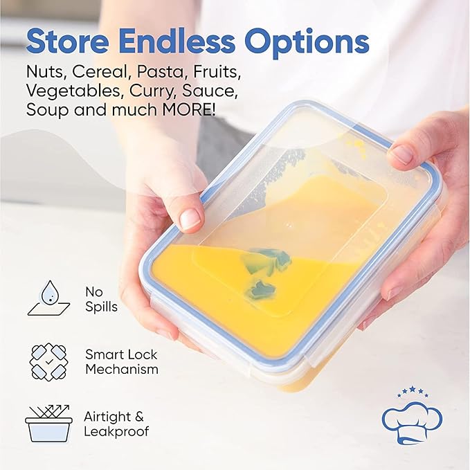 Chef's Path 32 Piece Airtight Food Storage Containers with Royal Blue Easy Snap Lids, 16 Containers and Lids, Stackable Kitchen and Pantry Canisters for Meal Prep and Food Storage -Transparent