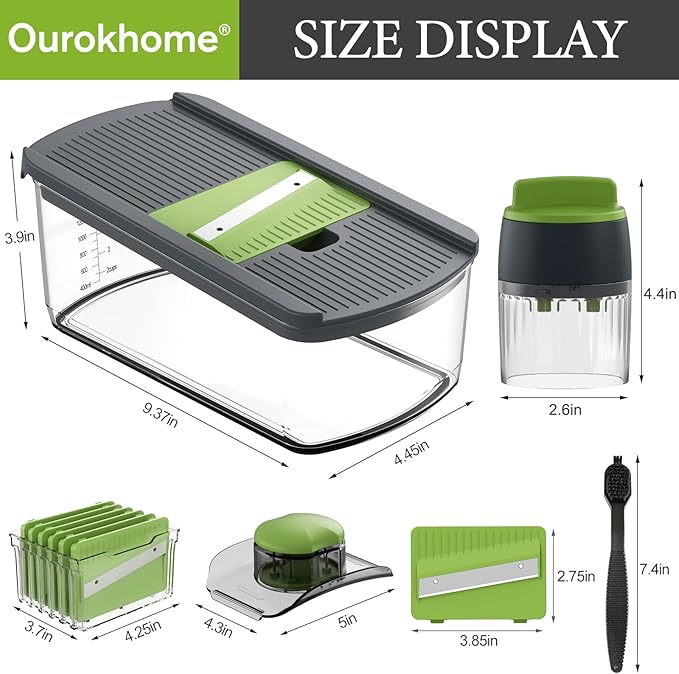 Ourokhome Mandolin Slicer with Handheld Spiralizer, Hand Safe Vegetable Shredder with 6 Mandoline Blades, Veggie Waffle Cutter for Potato, Carrot, Zucchini, Essential Kitchen Gadgets (10 in 1, Gray)