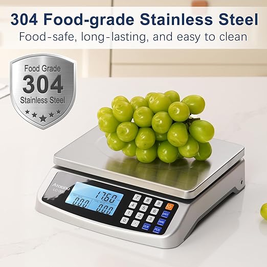 66lb Food Scale, Commercial Kitchen Scale with Price Computing, Plug-in Usable, 0.05oz/1g, 304 Stainless Steel, for Cooking, Vegetables, Farm, Industry, Counting. LC300 Silver