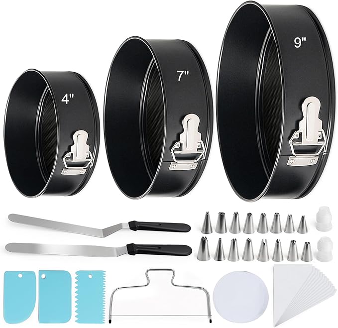 WERTIOO 138pcs Springform Cake Pan Sets for Baking with Cake Decorating Kit, 3 Round Non-Stick Cake Pans Set (4, 7, 9 inches), Leak-Proof Cheesecake Baking Pans with Icing Tips, Cake Leveler & eBook