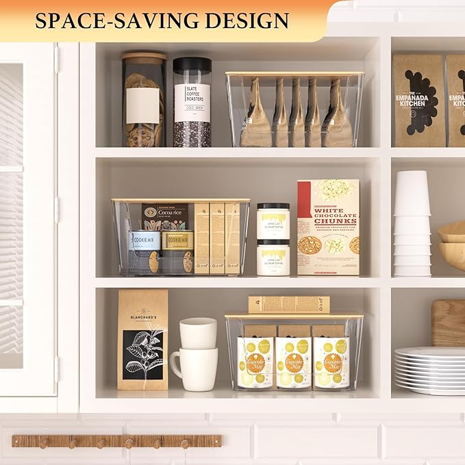 2 Set Pantry Organizers and Storage - Kitchen Organizer with Bamboo Lid for Fruit, Onion, Potato, Vegetable - Clear Stackable Bins for Kitchen Cabinet, Refrigerator, Home Organization