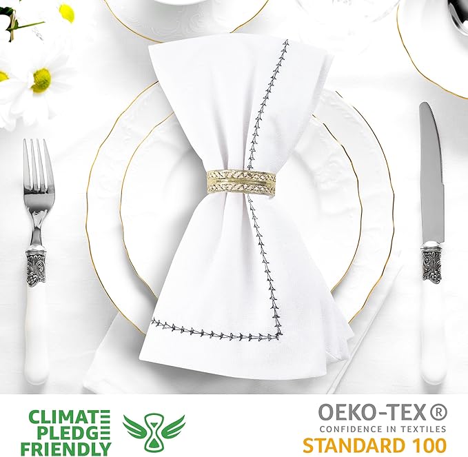 Urban Villa Cloth Napkin Set of 6 Hemstitch White Black 20x20 Inches Premium Soft Cotton Highly Absorbent Reusable & Washable Dinner Table Napkins for Home and Weddings