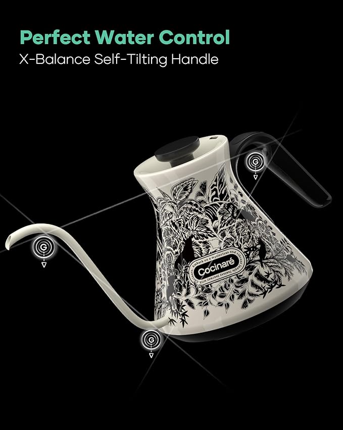 Cocinare FLOW M6 Pro Electric Gooseneck Kettle with Color-Changing Design, ±0.5℉ Temperature Control for Pour-over Coffee & Tea, Stainless Steel Interior, Quick Heating for Boiling Water (Jungle)