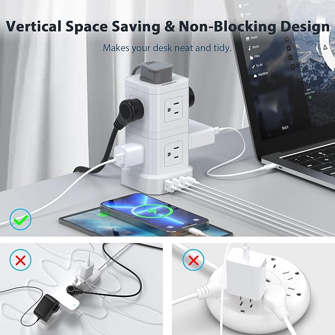 Power Strip with USB, TOPREK Power Strip Tower with 9 AC, 1 USB-C, 3 USB-A, Convertible Outlet Extender & Desk Charging Block with 6.5 FT Flat Plug Extension Cord for Home Office, Kitchen 1625W/13A