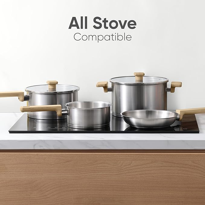 CAROTE 1.5Qt & 2.5Qt Stainless Steel Sauce Pan Set with Lid, 3-ply Base, Non-Toxic PTFE & PFOA Free Saucepan, Induction Cookware Set, Small Kitchen Pots, Stay-Cool Handles