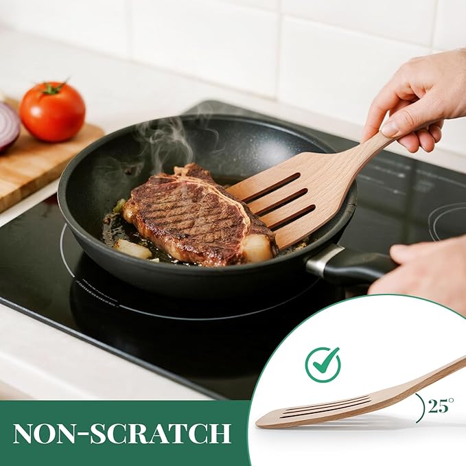 3Pcs Wooden Spatulas, 12inch Long Handle Slotted Turner Spatula Set, Uncoated Beech Wood Cooking Spoons for Non-Stick Cookware, Kitchen Utensils Set for Frying, Flipping, Scraping and Turning