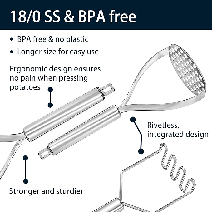 18/0 Stainless Steel Potato Mashers, 10.7-in Kitchen Masher Tool for Avocado Vegetable Sauce Butter, Heavy Duty, Dishwasher Safe, Pack of 2