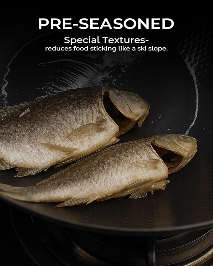 Carbon Steel Wok Pan, Tripole Nitrided Pre-Seasoned Flat Bottom Woks & Stir-Fry Pans Nonstick, Chinese Wok with Glass Lid for All Stovetops, Gift for Chef - 11.8 Inch